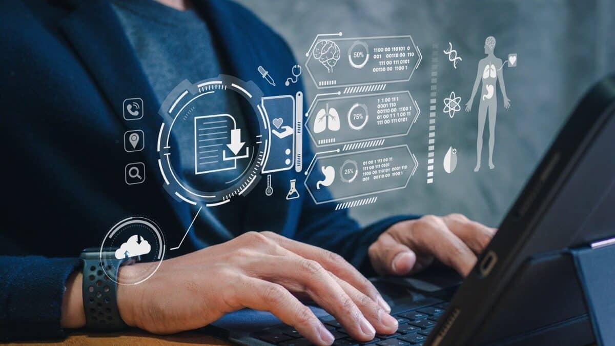 Health and Medical Technology with Digital Healthcare Icons: Medical Records, Insurance, Patient Care, Medicine, Modern Medical Technology, and Health Services for Advanced Healthcare Solutions